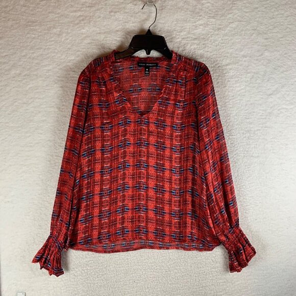 AQUA x Pendleton Womens Long Sleeve Smocked V-Neck Red Casual Blouse Size S 9740 - Picture 1 of 8